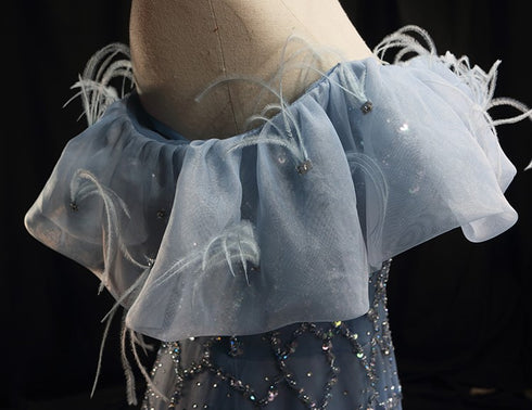 Blue Off-Shoulder Wedding Dress - Blue Tulle Ball Gown Wedding Dress - Sequin and Feather dress Plus Size
